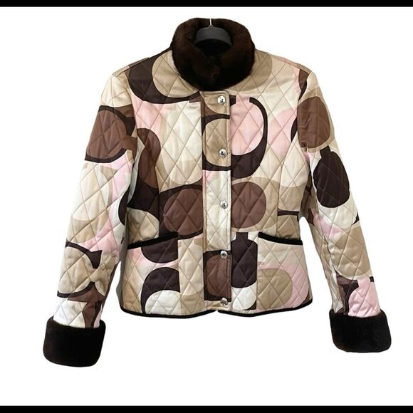 COACH Scarf Print Quilted Jacket Silk Mink Collar S RARE - Picture 1 of 6